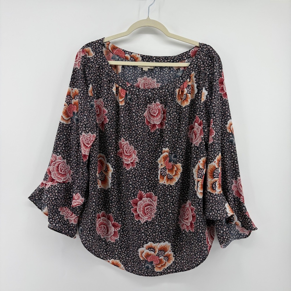 Loft Womens XL Multicolor‎ Floral Blouse Bell Sleeve Scoop Neck Relaxed Fit Top
